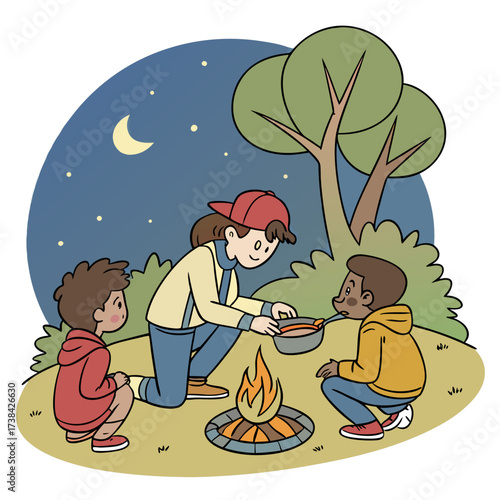 Children camping at night around a campfire enjoying roasted hot dogs under a starry sky with a crescent moon