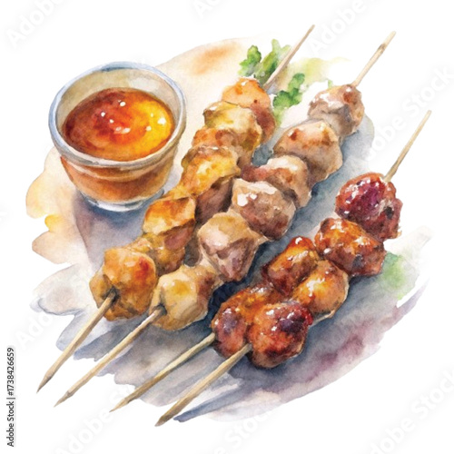 Watercolor painting isolated on white background of three skewers of grilled meat and vegetables with a side of dipping sauce, showcasing the vibrant colors and textures of the dish
