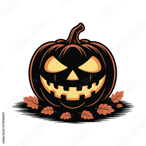 Spooky Jack O Lantern Surrounded by Autumn Leaves A Festive Halloween Illustration with Classic Holiday Imagery and Design Elements