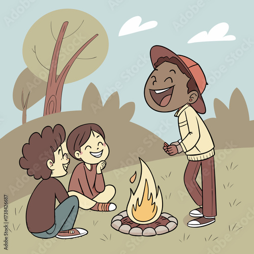 Diverse group of happy children laughing and telling stories around a campfire in a park setting