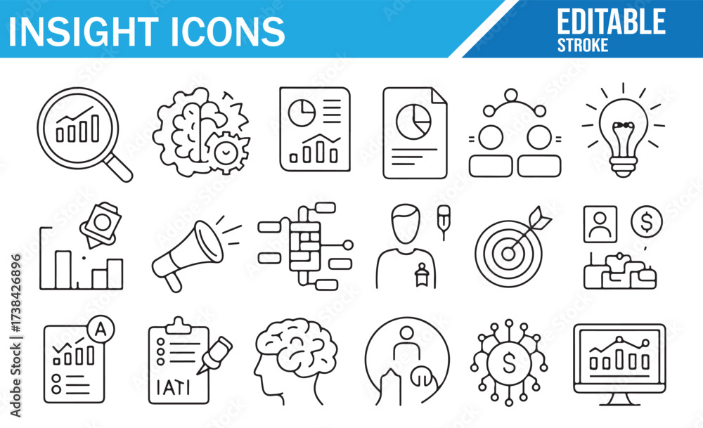 Fototapeta premium Insight Icons Set – Editable Line Drawings Representing Data Analysis, Metrics, AI, and Business Insights