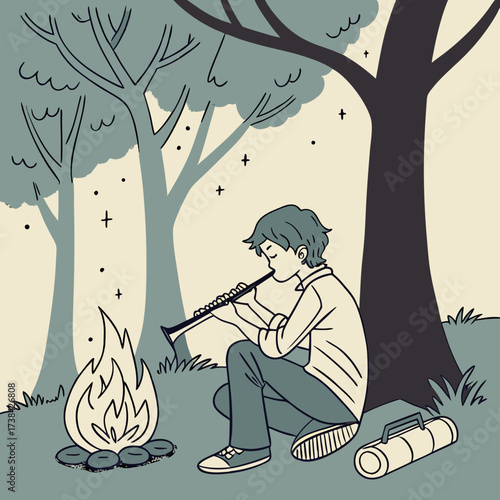 Young person playing clarinet by a campfire under trees with stars in the night sky
