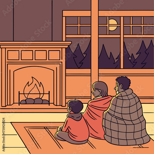 A family of three huddled together under blankets by a warm fireplace on a cold night looking out at the moonlit forest