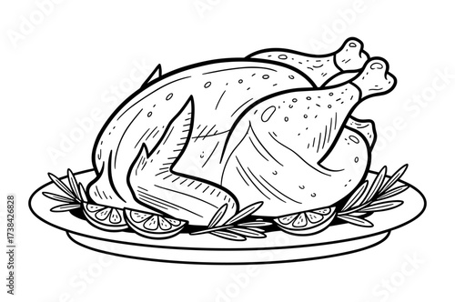 Roasted turkey on plate line art illustration in black and white