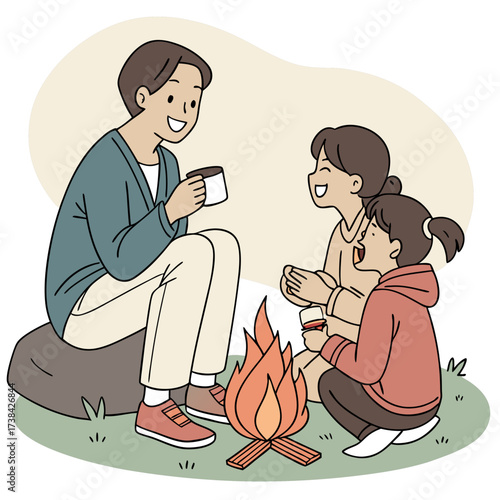 A father and his two children enjoying a warm campfire together on a pleasant day outdoors