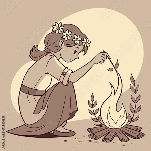 Young girl wearing a flower crown crouches by a campfire adding leaves to the flames