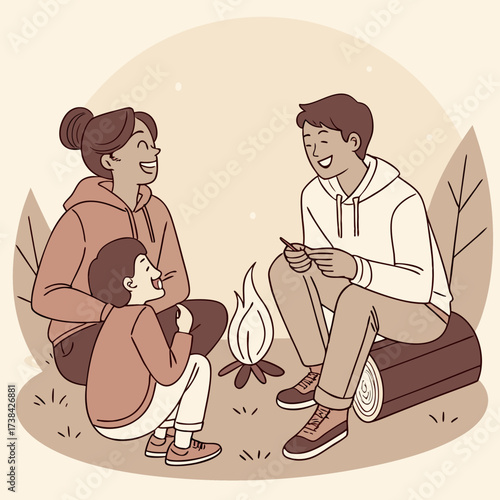 A happy family enjoying a warm campfire together outdoors at night telling stories and laughing