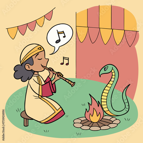 A charming cartoon illustration of a person playing a flute to a captivated snake near a campfire and festive bunting