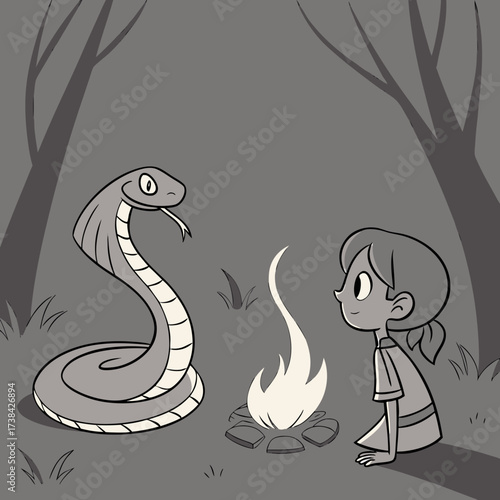 A friendly cartoon cobra snake and a young girl sitting by a campfire in a forest at night
