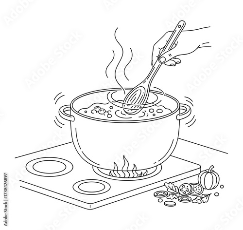Cooking pot line art black and white