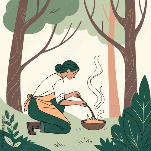 A woman wearing an apron kneels in a forest preparing food in a bowl with steam rising