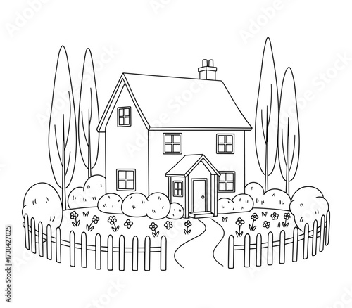 house with garden line art black white