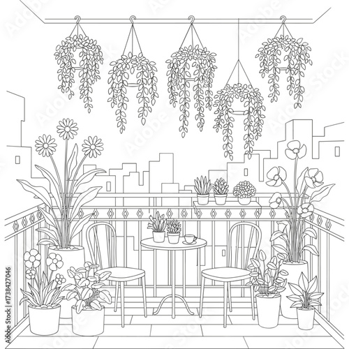 Balcony garden line art in black and white