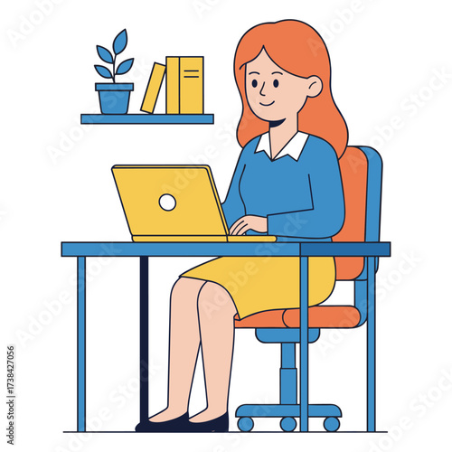 Woman working at desk flat illustration against white background