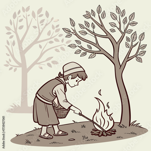 A young boy wearing a cap and vest tends to a small campfire under a stylized tree in a serene outdoor setting