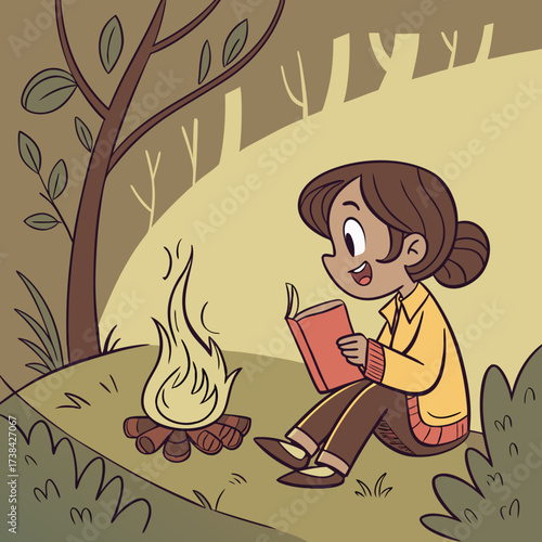 A young girl happily reading a book by a warm campfire in a peaceful forest setting