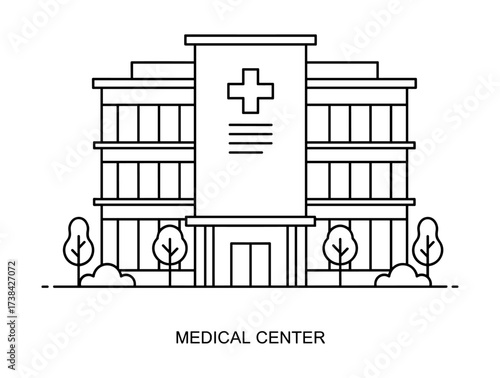 Medical center building line art in black and white