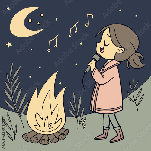 A young girl sings into a microphone by a campfire under a starry night sky with a crescent moon