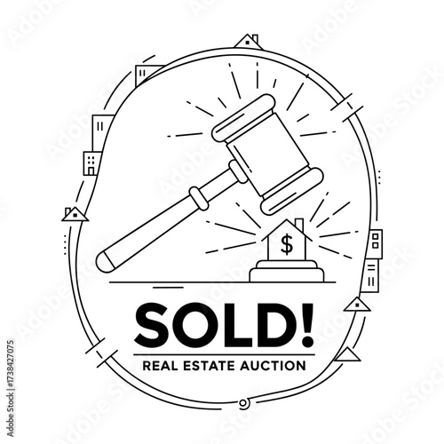 Real estate auction badge line art in black and white