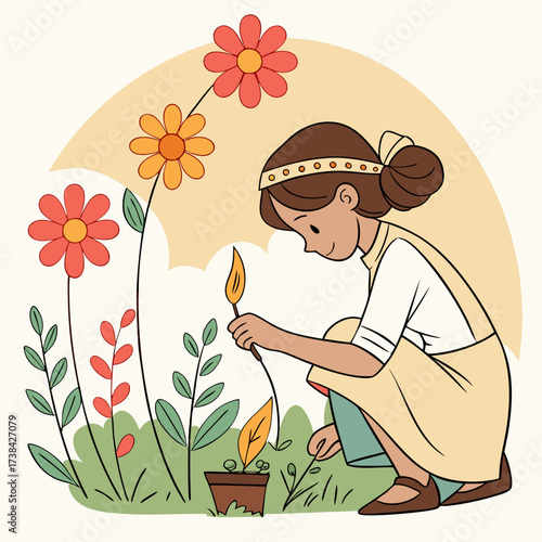 A young girl with a headband gently tends to a small potted plant with a glowing leaf in a garden setting with large flowers