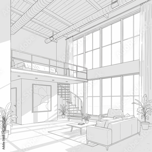 Modern loft interior line art in black and white