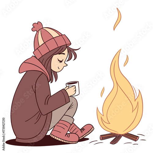 Cozy illustration of a young girl wearing a winter hat and jacket enjoying a warm drink by a crackling campfire