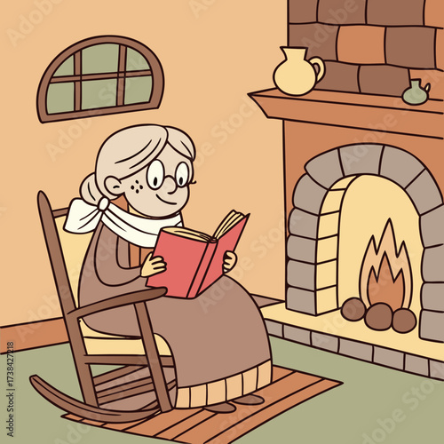 Cozy grandmother wearing glasses and a scarf reads a book in a rocking chair by a warm fireplace