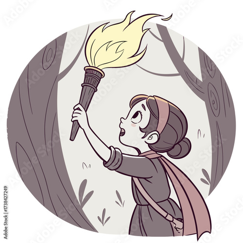 Curious cartoon girl holding a lit torch high up in a dark forest with trees and foliage around her