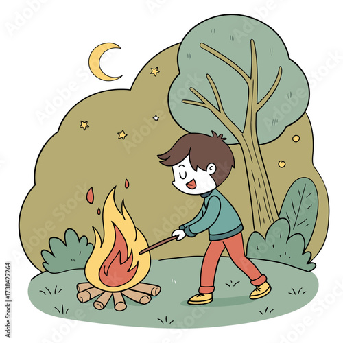 Cute cartoon boy roasting marshmallows over a campfire at night under a crescent moon and stars