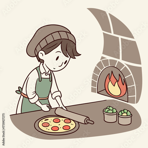 Cute cartoon chef wearing a hat and apron prepares a pizza with pepperoni and cheese next to a wood fired oven