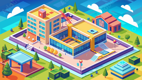 Isometric school building vector with playground, trees, rooftop, windows, 3D perspective, scalable architecture, clean vibrant lines, professional illustration, modern city education concept artwork.