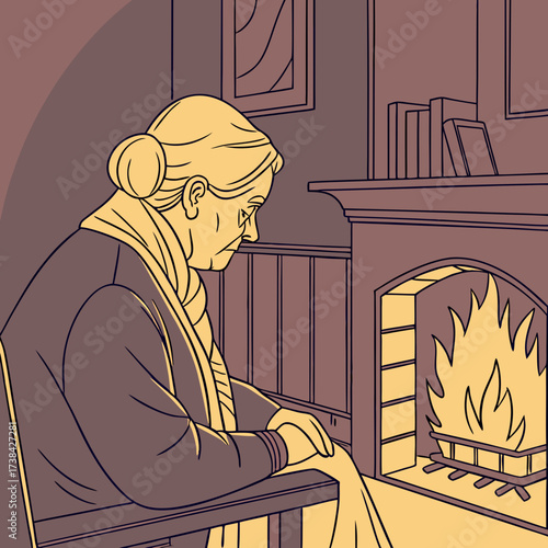 Elderly woman sitting alone by a warm fireplace contemplating her thoughts in a cozy room