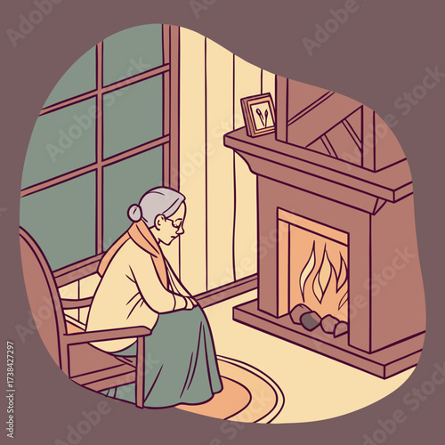 Elderly woman sitting in a chair by a warm fireplace on a cold evening indoors