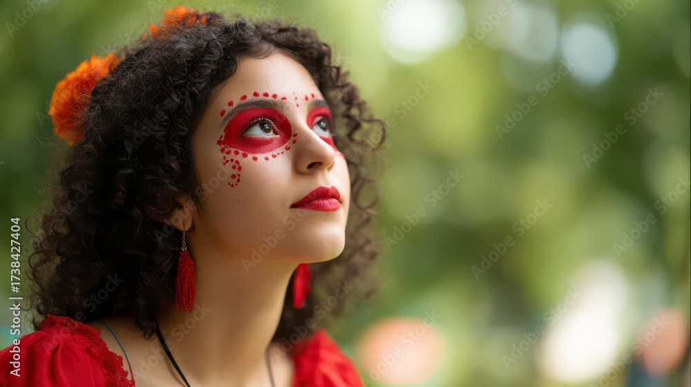 Fototapeta premium Day of the Dead Beauty: A young woman, adorned in traditional face paint and attire