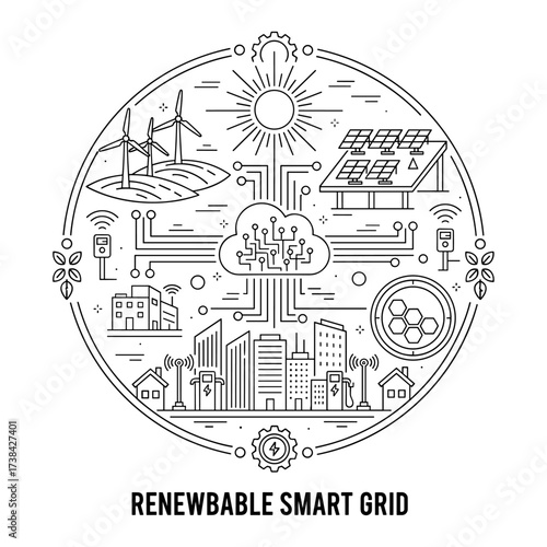 Renewable smart grid in line drawing style in black and white