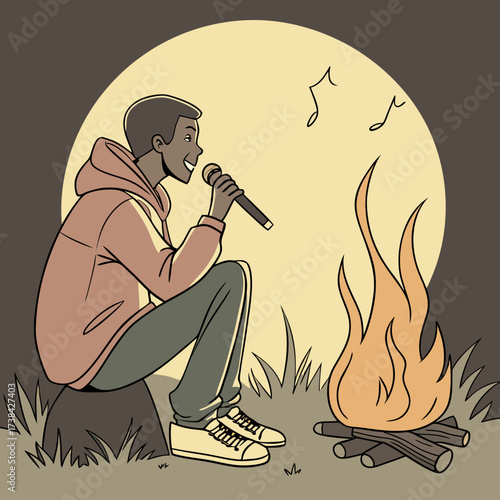 Young black man sings into microphone by campfire under full moon with musical notes floating in air