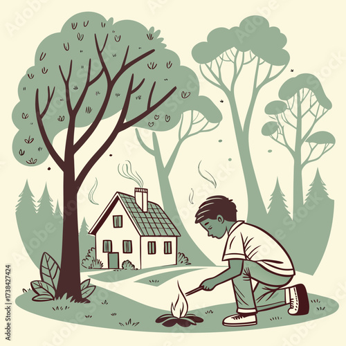 Young boy kneeling in a grassy clearing near a small house lighting a campfire with a stick and matches