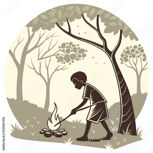 Young boy tending a small campfire in a forest clearing with trees and birds overhead