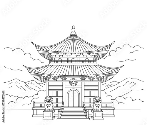 Pagoda architectural line art in black and white