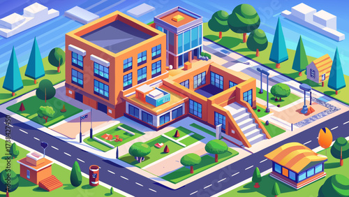 Isometric school building vector with playground, trees, rooftop, windows, 3D perspective, scalable architecture, clean vibrant lines, professional illustration, modern city education concept artwork.