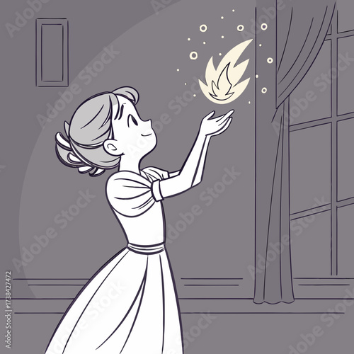 Young girl in a dress holding a magical glowing flame with sparkles in a dimly lit room