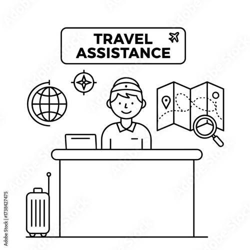 Travel assistance line art in black and white