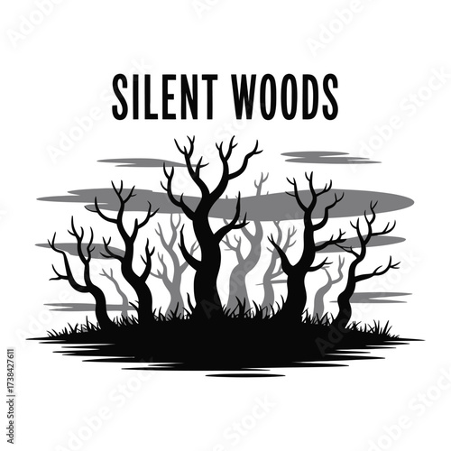 Eerie Silhouette of Silent Woods A Monochrome Vector Illustration of Bare Trees and Atmospheric Landscape Evoking Mystery