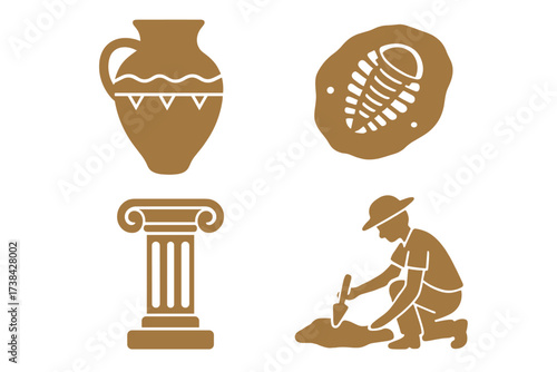 Archeology and paleontology icon collection. Archaeologist at excavation. Ancient Greek vase, classic roman column, trilobite fossil. History, science, discovery concept symbols.