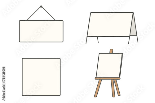 Blank sign and canvas collection for mockup. Vector set of isolated empty frames, including artist easel, A-frame stand, and hanging board for message or advertisement.