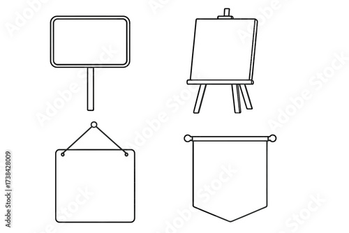 Collection of blank mockup templates. Line art vector set including empty easel canvas, signboard, hanging frame, and pennant banner. For presentation or design projects.