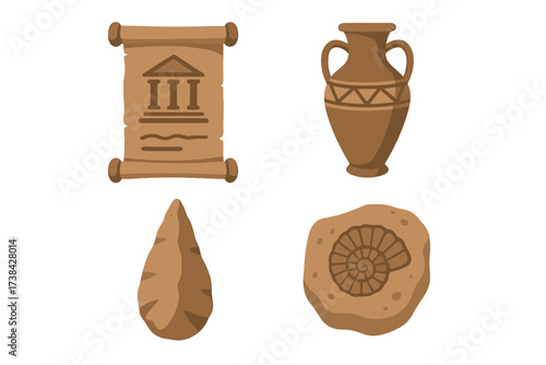 Collection of ancient history icons. Archeology and paleontology symbols. Prehistoric stone age tool, fossil ammonite, antique amphora, papyrus scroll with museum building.