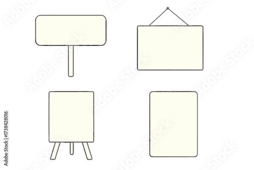 Set of blank signs and empty boards for advertisement. Collection of isolated mockups includes signboard, hanging frame, and easel stand. Vector template for presentation.