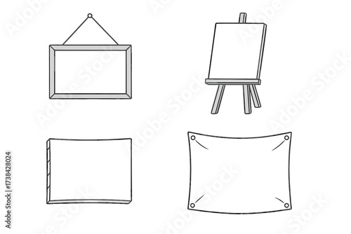 Set of blank templates for art and advertising. Vector collection with picture frame, artist easel, canvas, and banner. Isolated objects for mockup, presentation, or signage.