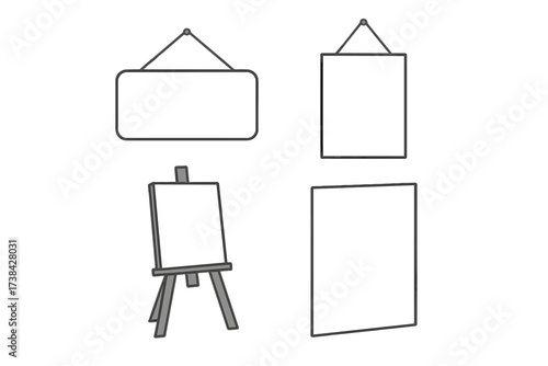 Vector set of blank hanging signs, frames, and artist easel with canvas. Empty templates for message or advertisement. Isolated graphic elements collection. Line art illustration.